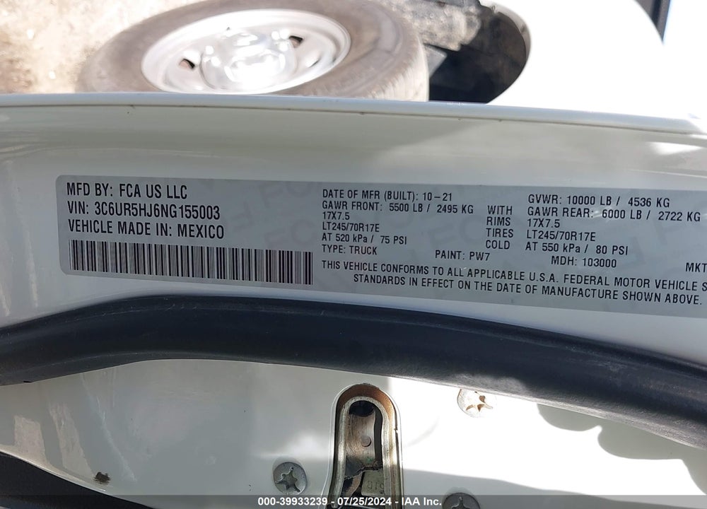 2022 RAM 2500 TRADESMAN 4X4 8' BOX VIN: 3C6UR5HJ6NG155003