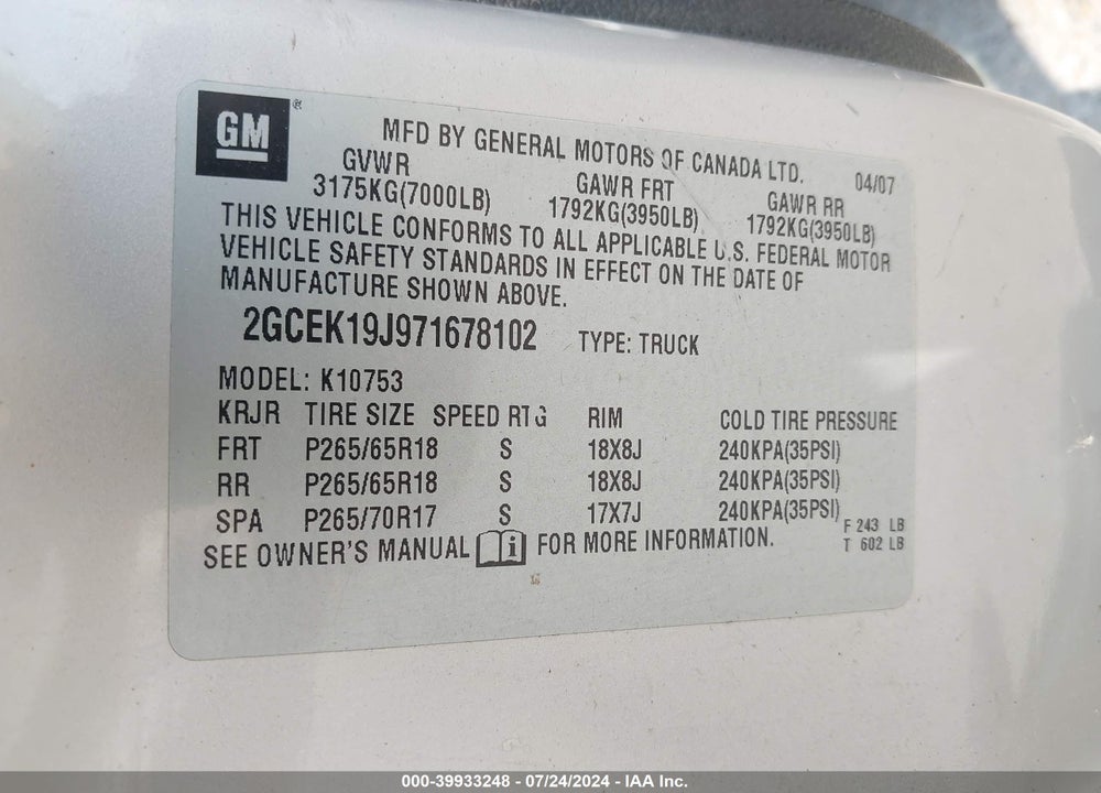 2007 CHEVROLET SILVERADO 1500 LT1 VIN: 2GCEK19J971678102