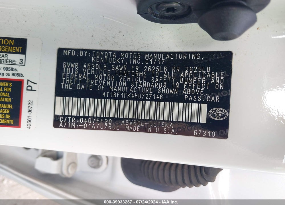 2017 TOYOTA CAMRY SE VIN: 4T1BF1FK4HU727146