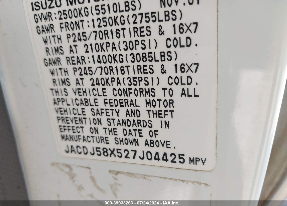 2002 ISUZU TROOPER LIMITED/LS/S VIN: JACDJ58X527J04425