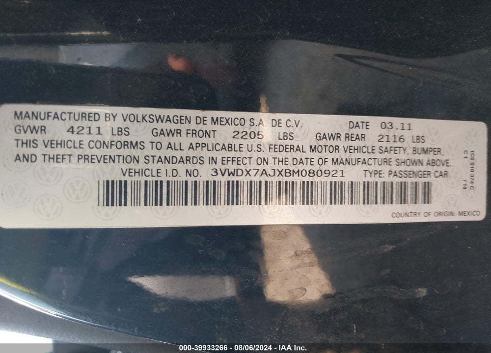 2011 VOLKSWAGEN JETTA 2.5L SE VIN: 3VWDX7AJXBM080921
