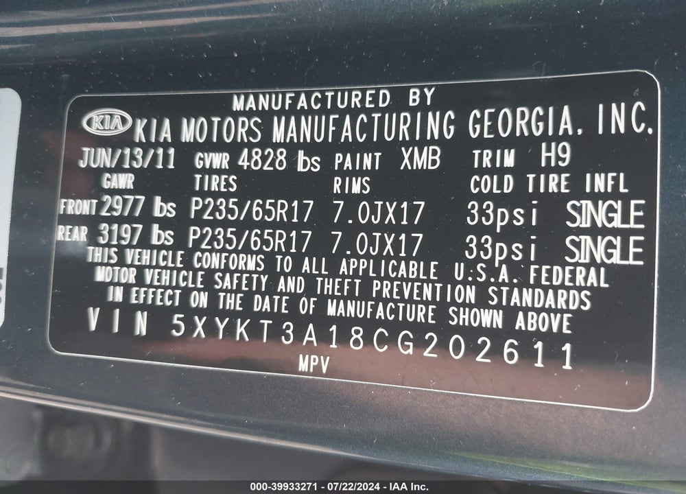 2012 KIA SORENTO LX VIN: 5XYKT3A18CG202611