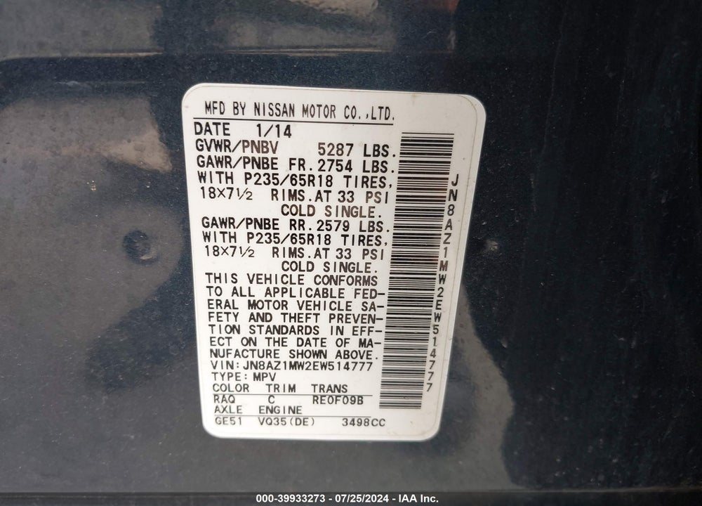 2014 NISSAN MURANO LE/S/SL/SV VIN: JN8AZ1MW2EW514777