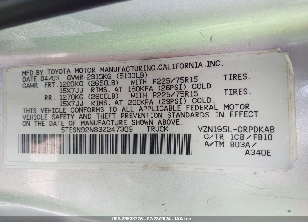 2003 TOYOTA TACOMA PRERUNNER V6 VIN: 5TESN92N83Z247309