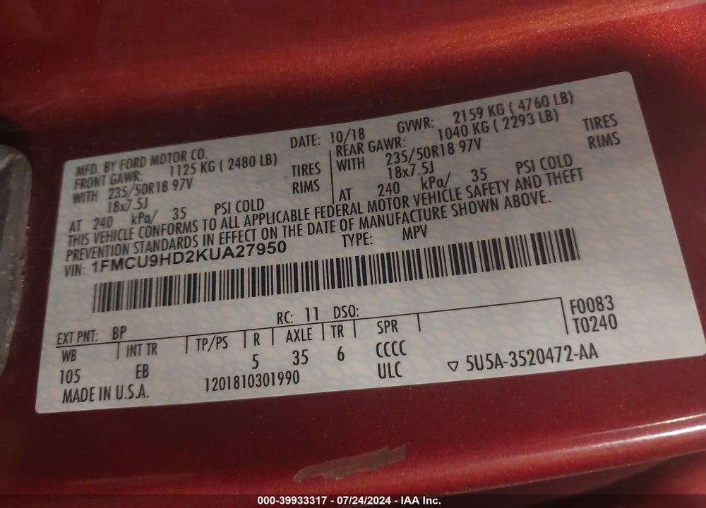2019 FORD ESCAPE SEL VIN: 1FMCU9HD2KUA27950