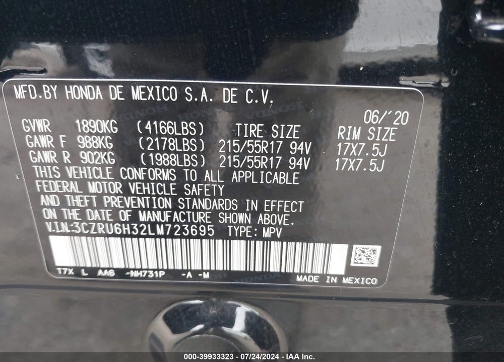 2020 HONDA HR-V AWD LX VIN: 3CZRU6H32LM723695