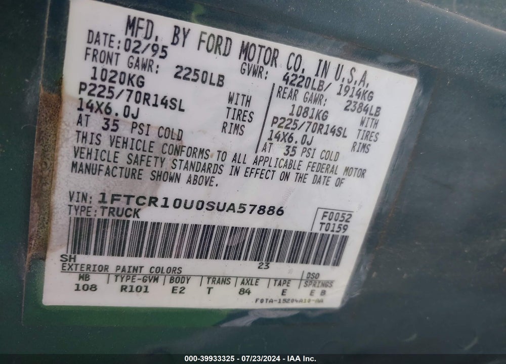 1995 FORD RANGER VIN: 1FTCR10U0SUA57886