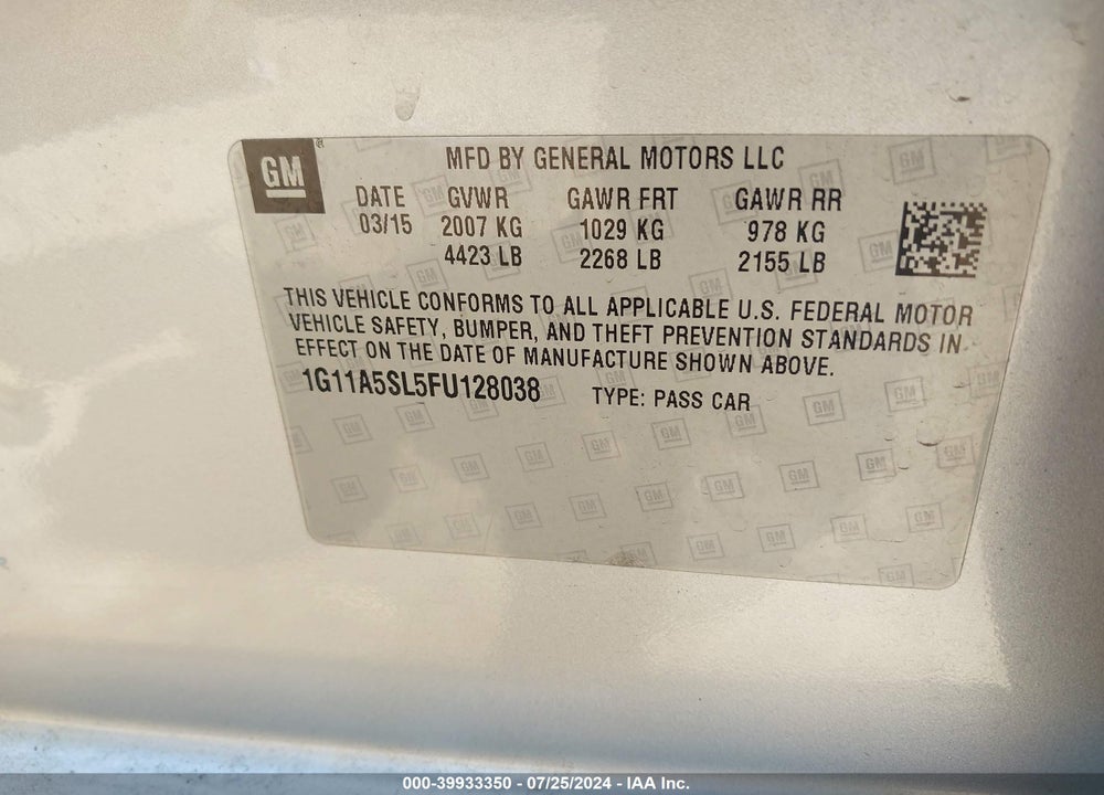 2015 CHEVROLET MALIBU LS VIN: 1G11A5SL5FU128038
