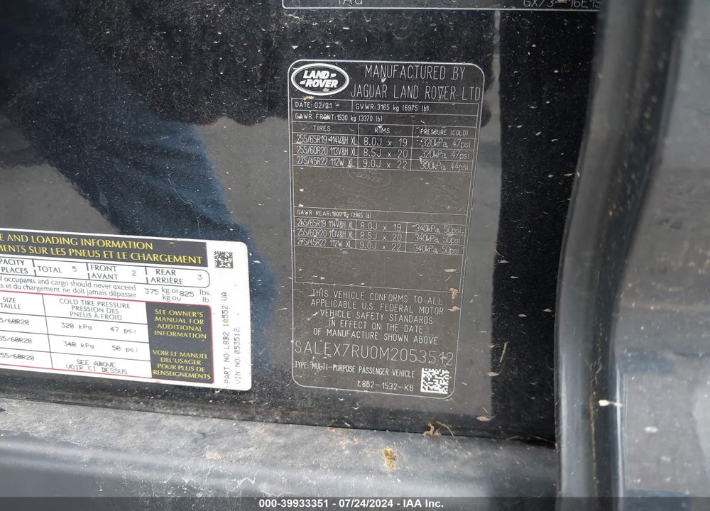2021 LAND ROVER DEFENDER 110 X VIN: SALEX7RU0M2053512