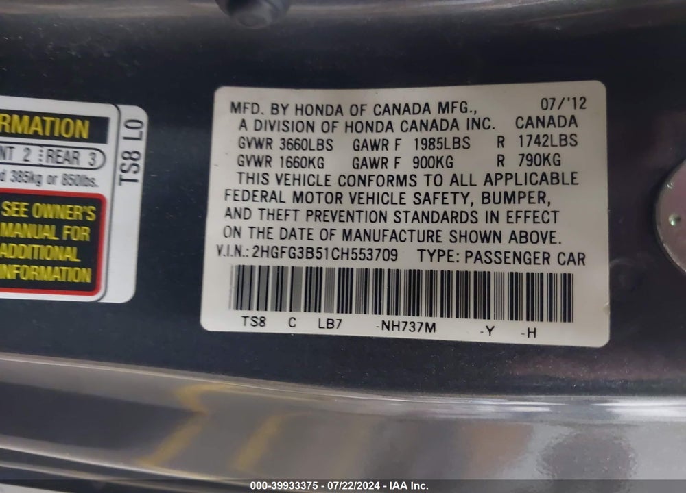 2012 HONDA CIVIC VIN: 2HGFG3B51CH553709