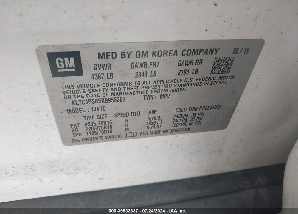 2019 CHEVROLET TRAX 1LT VIN: KL7CJPSB5KB955382