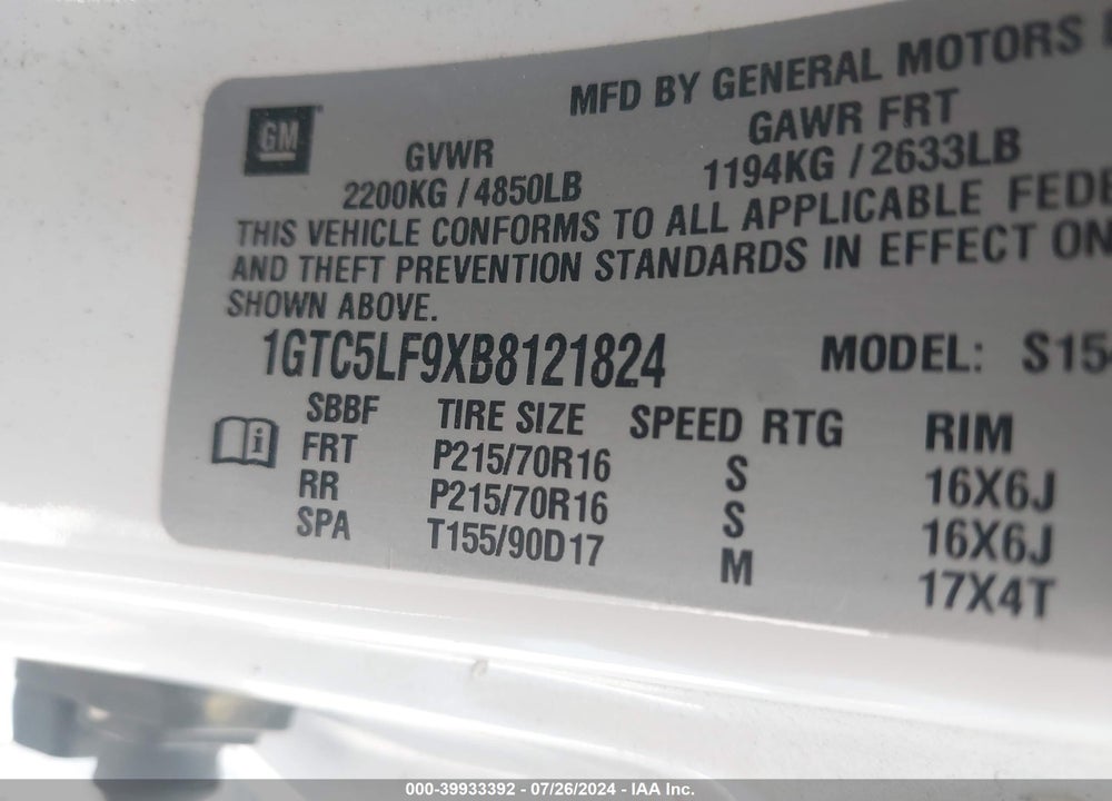 2011 GMC CANYON WORK TRUCK VIN: 1GTC5LF9XB8121824