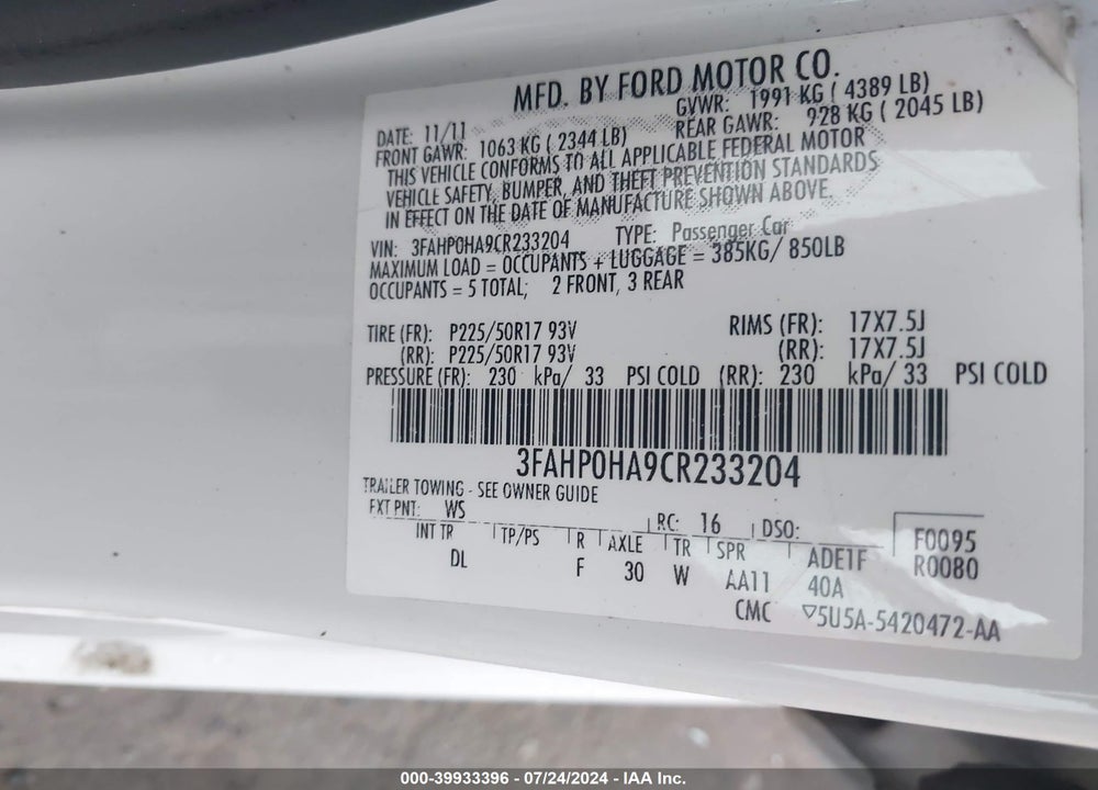 2012 FORD FUSION SE VIN: 3FAHP0HA9CR233204