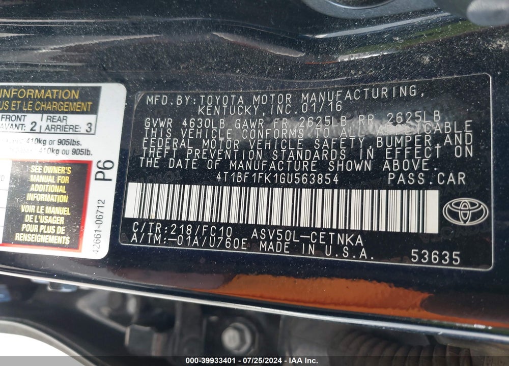 2016 TOYOTA CAMRY LE/XLE/SE/XSE VIN: 4T1BF1FK1GU563854
