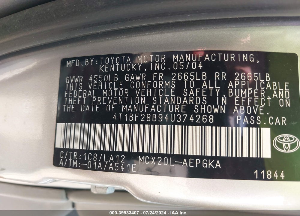 2004 TOYOTA AVALON XL/XLS VIN: 4T1BF28B94U374268