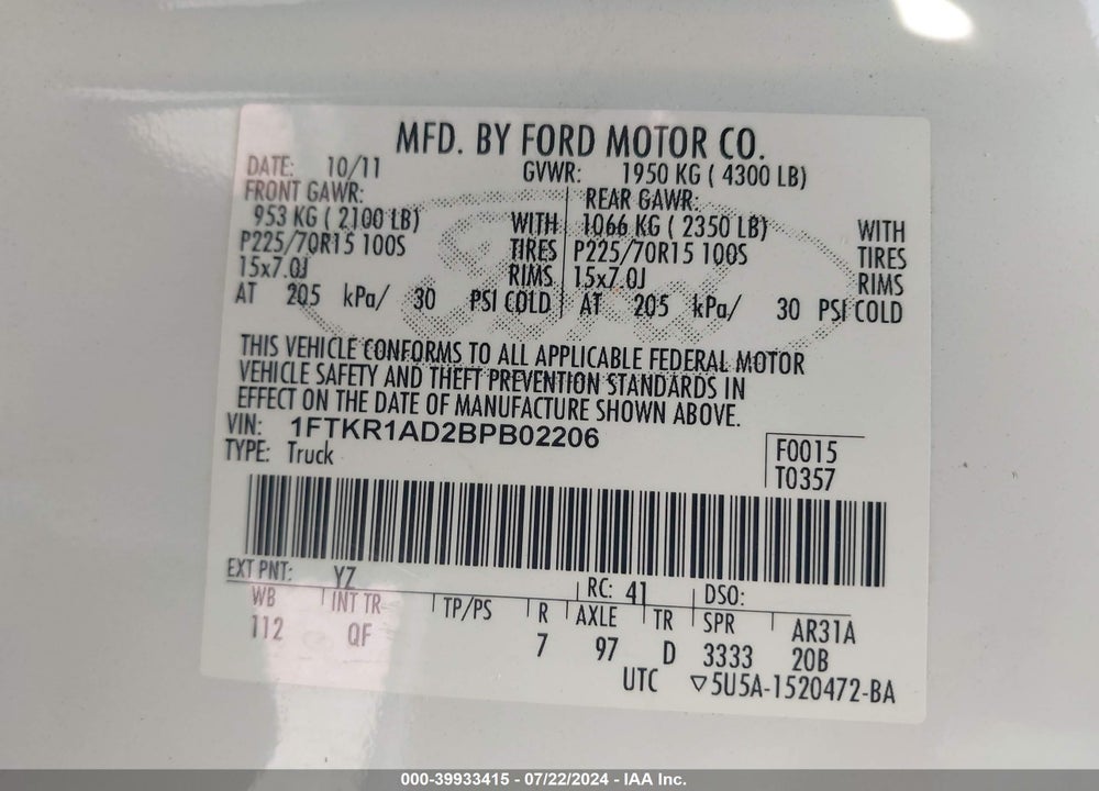 2011 FORD RANGER XL VIN: 1FTKR1AD2BPB02206