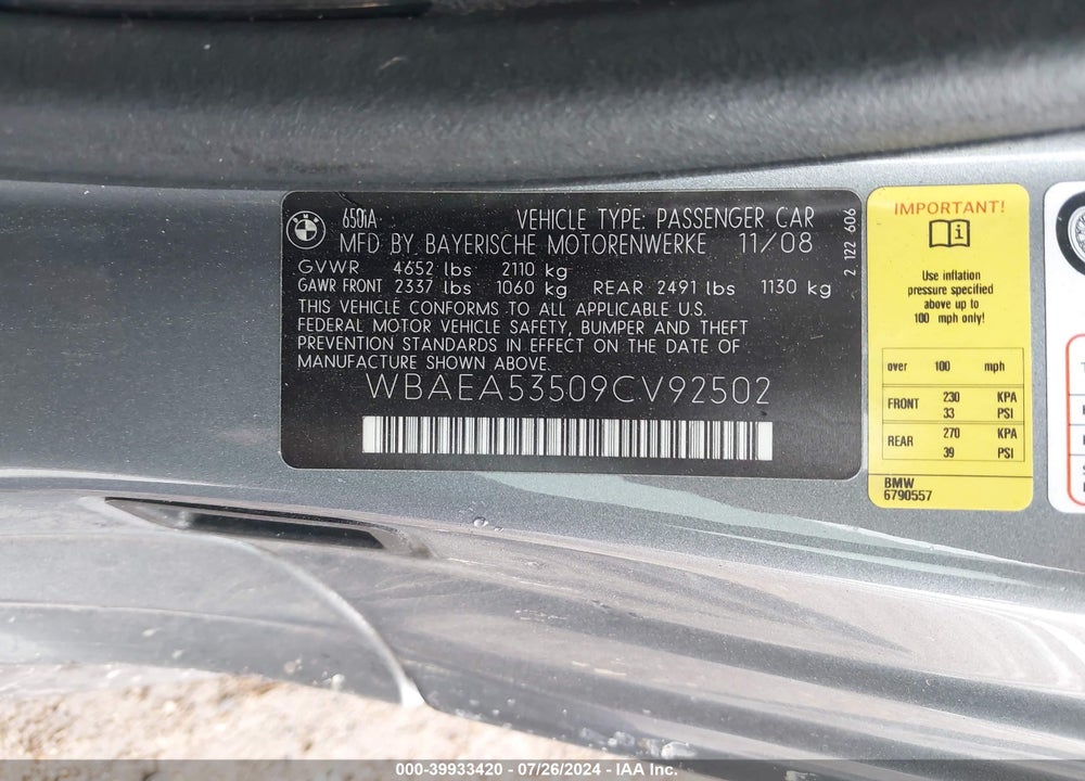 2009 BMW 650I VIN: WBAEA53509CV92502