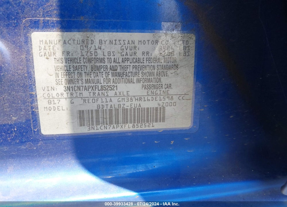 2015 NISSAN VERSA S/S PLUS/SV/SL VIN: 3N1CN7APXFL852521