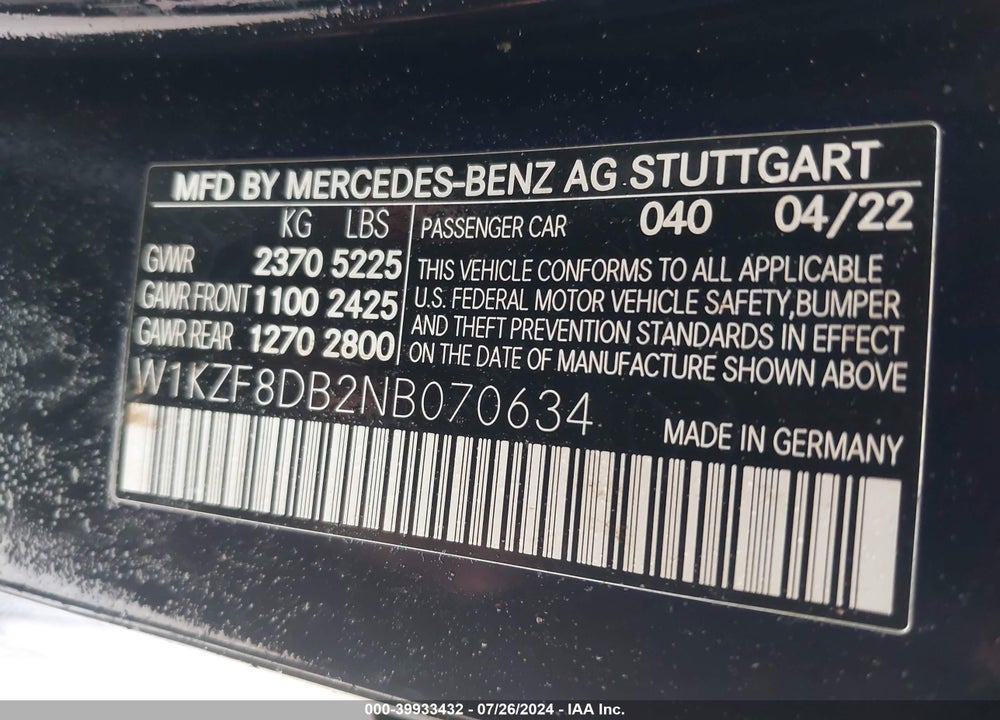 2022 MERCEDES-BENZ E 350 VIN: W1KZF8DB2NB070634