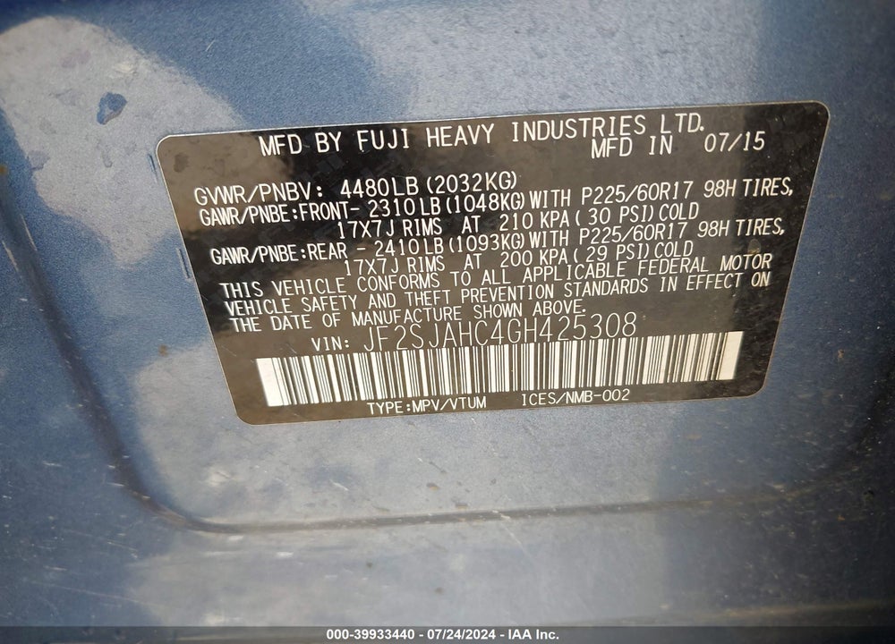 2016 SUBARU FORESTER 2.5I LIMITED VIN: JF2SJAHC4GH425308