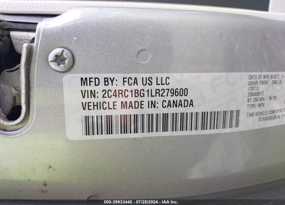 2020 CHRYSLER PACIFICA TOURING L VIN: 2C4RC1BG1LR279600