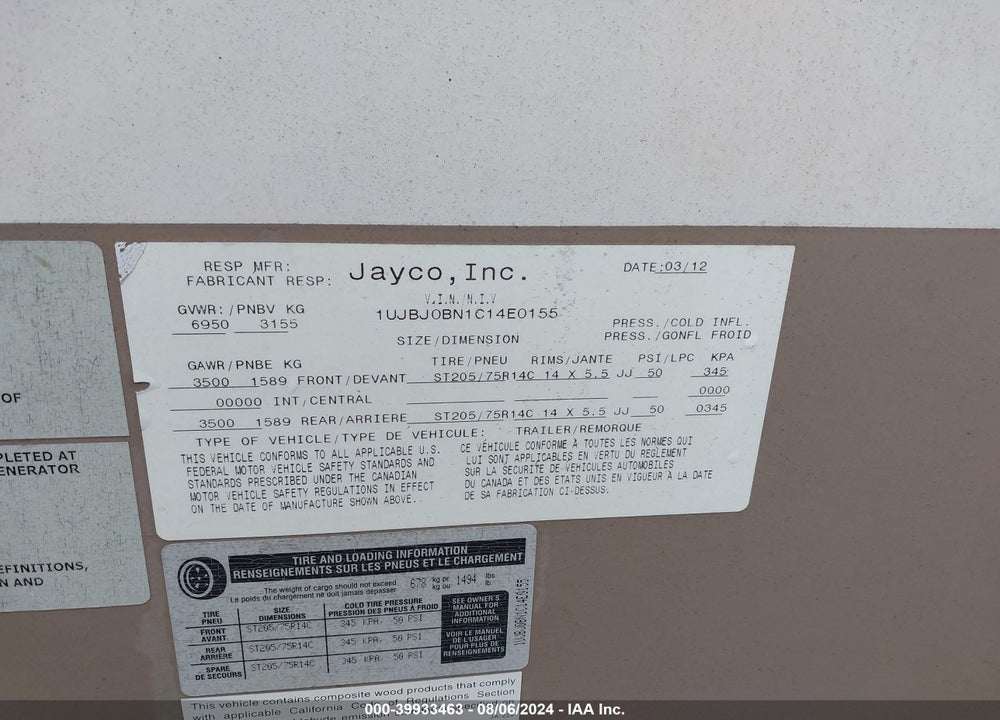 2012 JAYCO WHITEHAWK VIN: 1UJBJ0BN1C14E0155