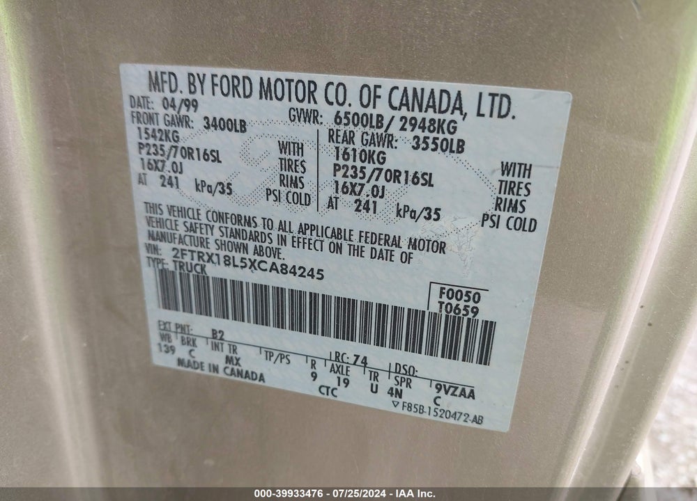 1999 FORD F-150 LARIAT/XL/XLT VIN: 2FTRX18L5XCA84245