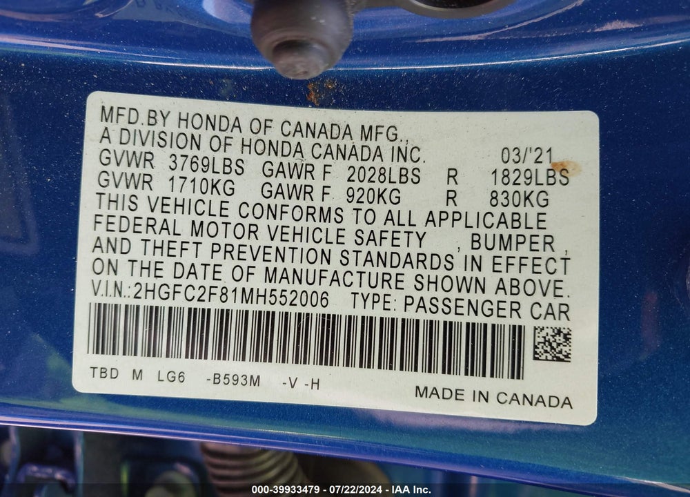 2021 HONDA CIVIC SPORT VIN: 2HGFC2F81MH552006
