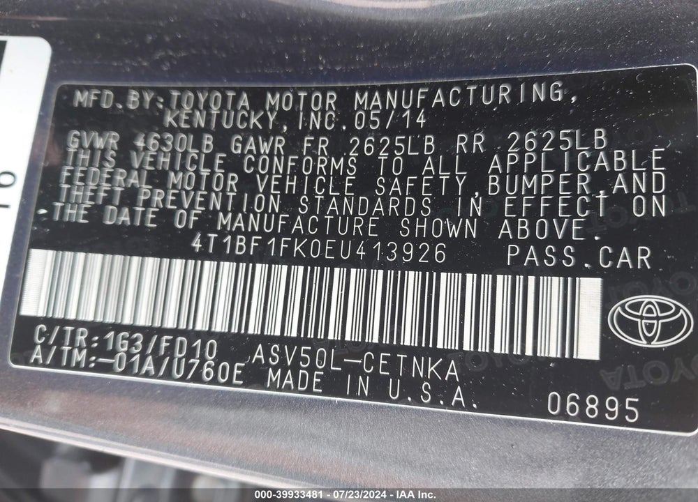 2014 TOYOTA CAMRY L/SE/LE/XLE VIN: 4T1BF1FK0EU413926