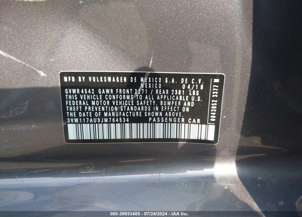 2018 VOLKSWAGEN GOLF SPORTWAGEN S VIN: 3VW117AU9JM764534