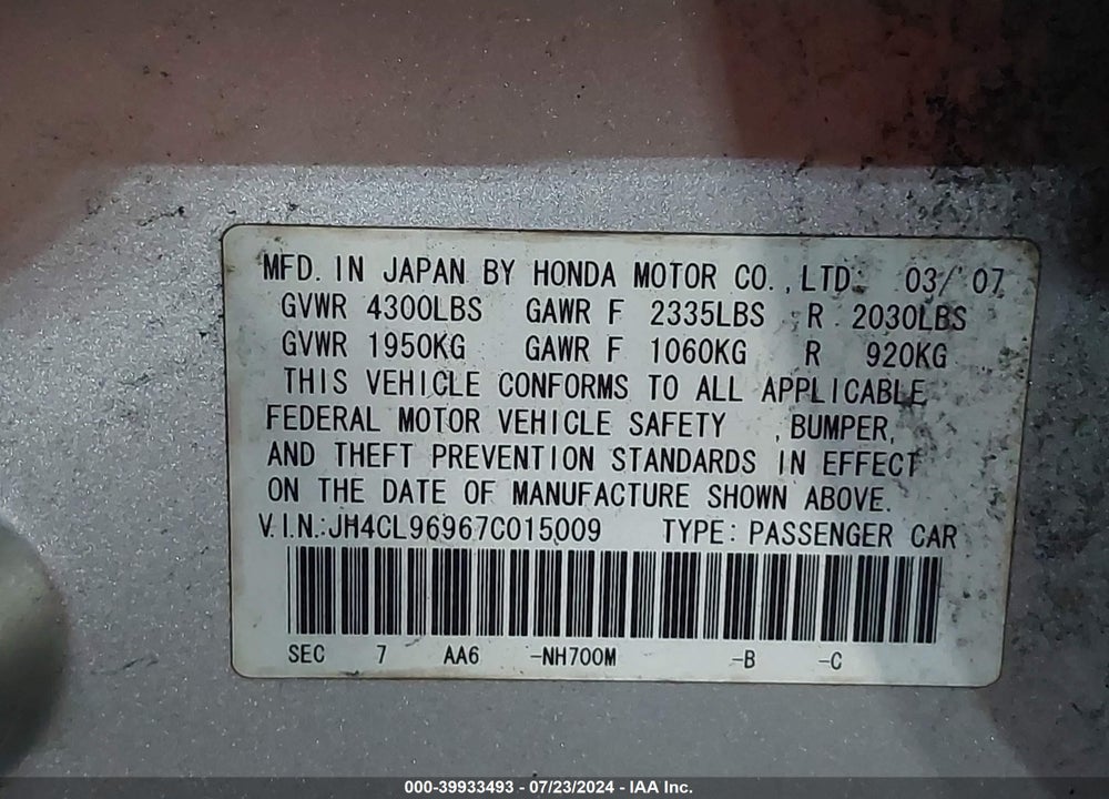 2007 ACURA TSX VIN: JH4CL96967C015009