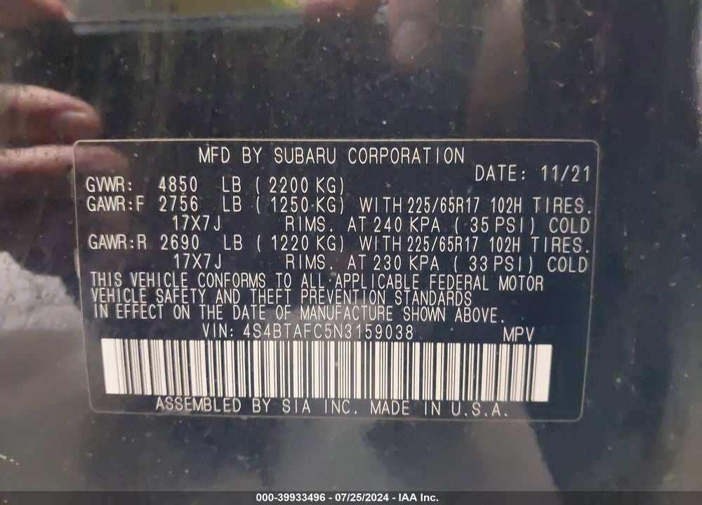 2022 SUBARU OUTBACK PREMIUM VIN: 4S4BTAFC5N3159038