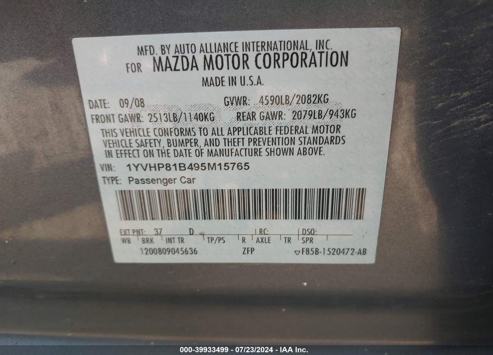 2009 MAZDA 6 S SPORT VIN: 1YVHP81B495M15765