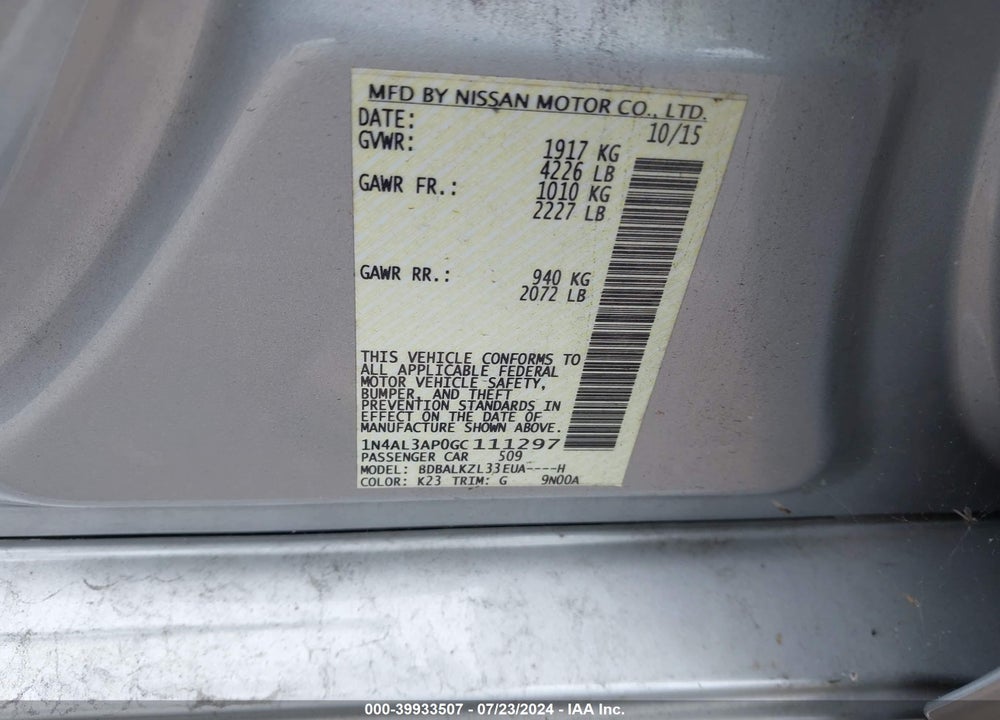 2016 NISSAN ALTIMA 2.5 SV VIN: 1N4AL3AP0GC111297