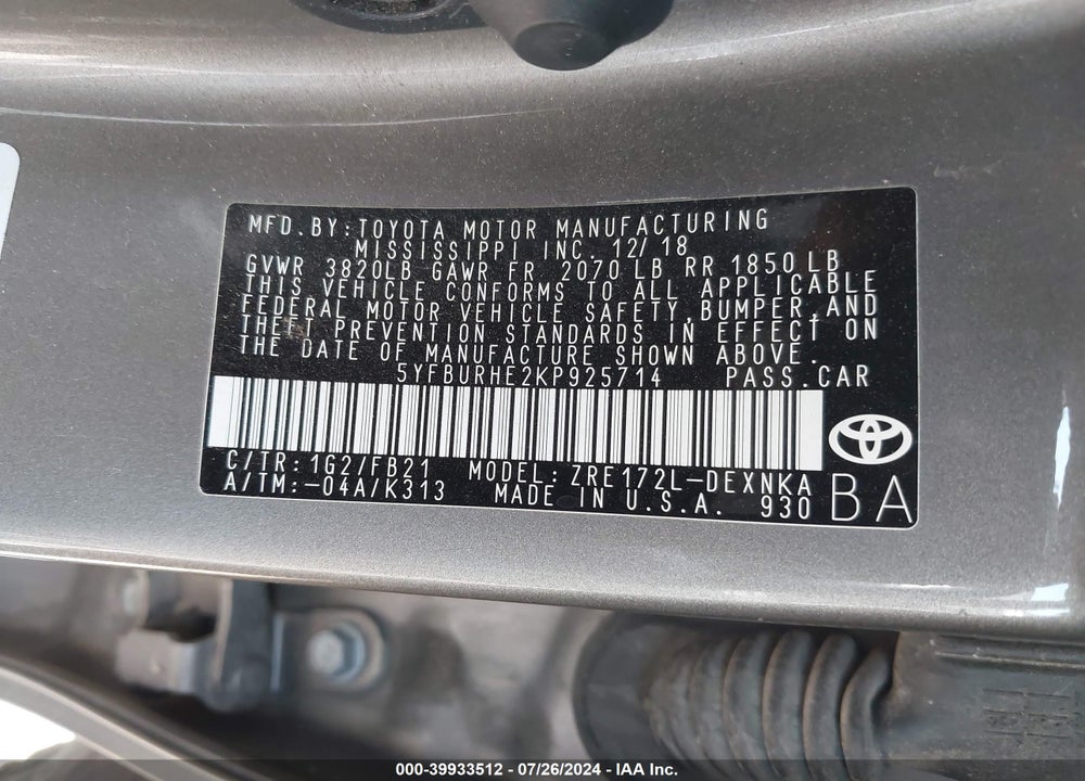 2019 TOYOTA COROLLA L/LE/XLE/SE/XSE VIN: 5YFBURHE2KP925714