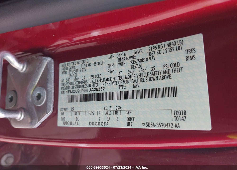 2017 FORD ESCAPE TITANIUM VIN: 1FMCU9J96HUA26332