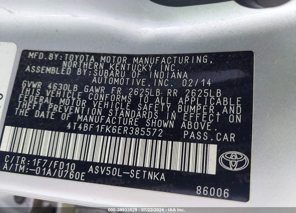 2014 TOYOTA CAMRY L/SE/LE/XLE VIN: 4T4BF1FK6ER385572