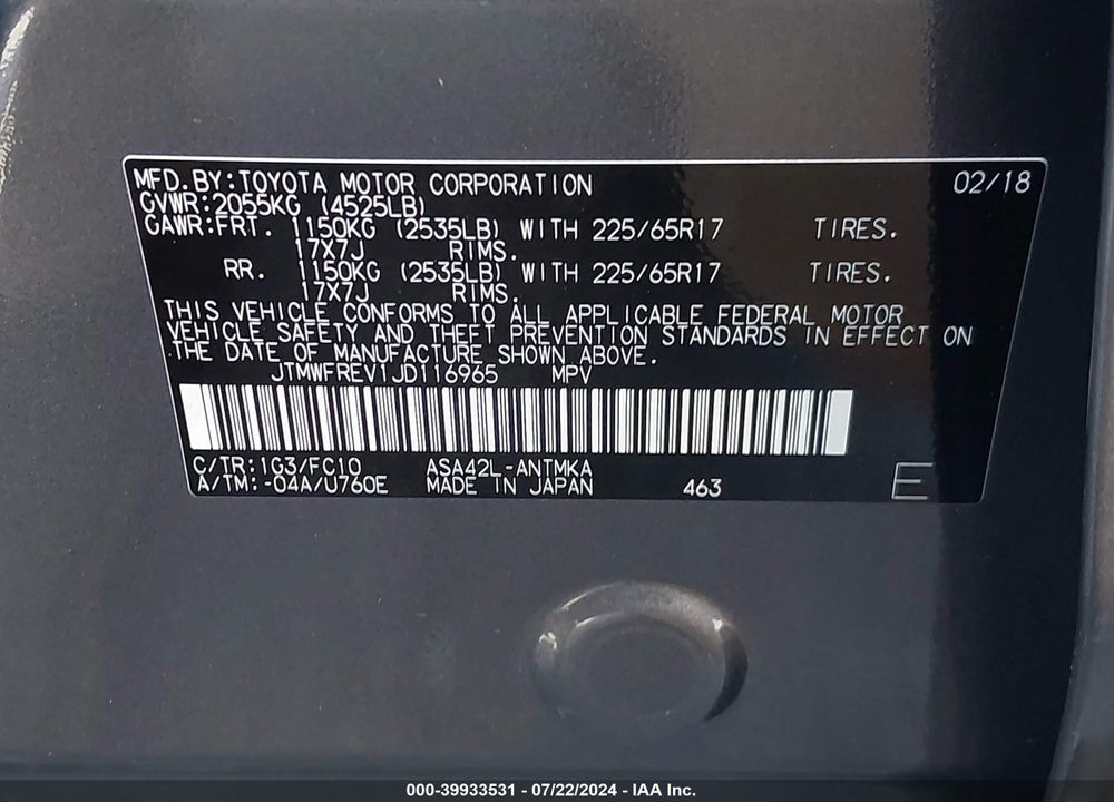 2018 TOYOTA RAV4 XLE VIN: JTMWFREV1JD116965