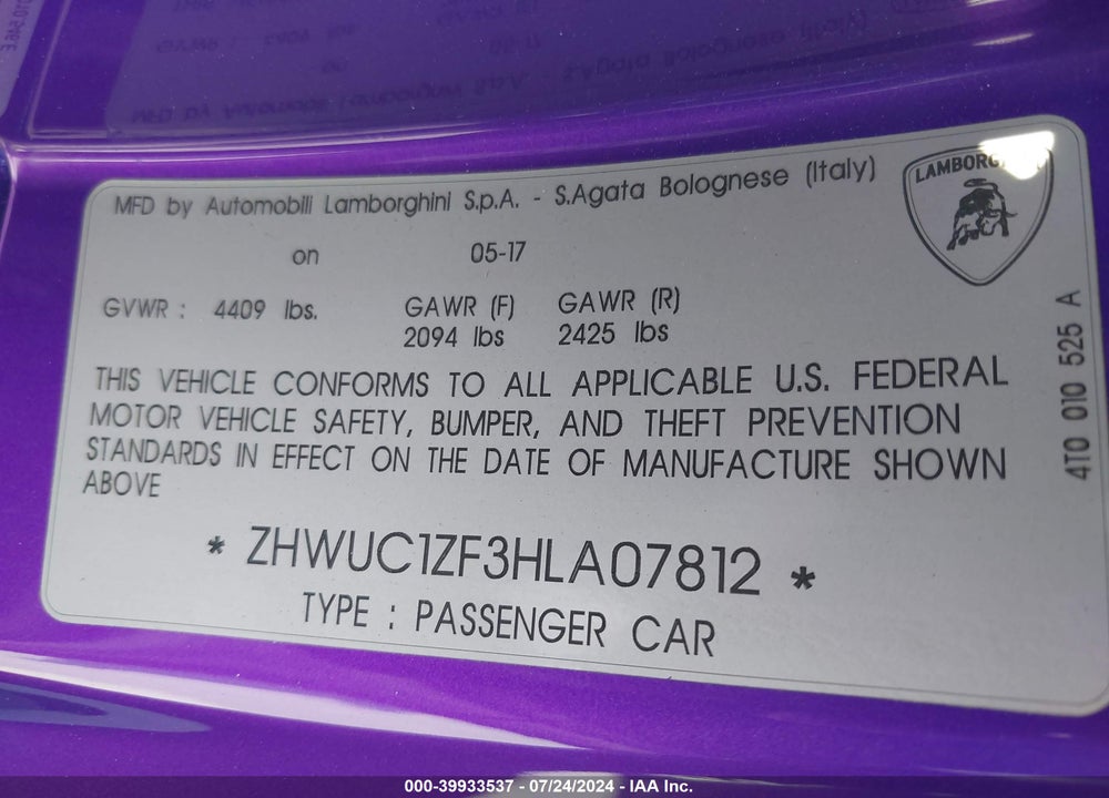 2017 LAMBORGHINI HURACAN LP610-4/LP610-4 AVIO VIN: ZHWUC1ZF3HLA07812