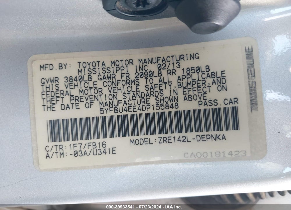 2013 TOYOTA COROLLA LE VIN: 5YFBU4EE4DP155848
