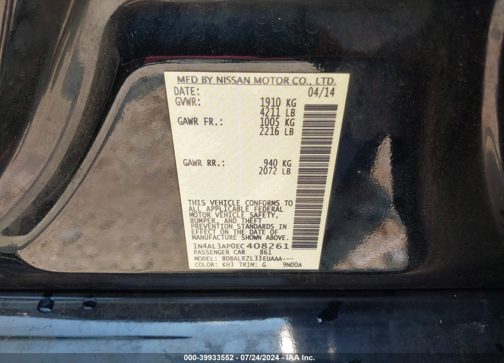 2014 NISSAN ALTIMA 2.5/2.5 S/2.5 SL/2.5 SV VIN: 1N4AL3AP0EC408261