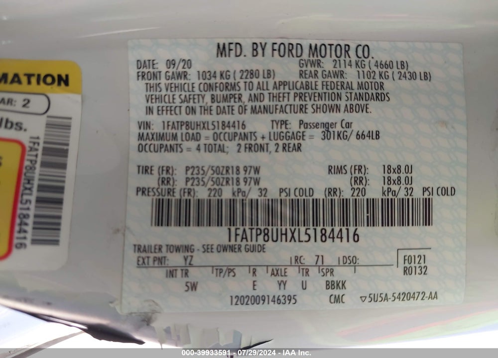 2020 FORD MUSTANG ECOBOOST PREMIUM VIN: 1FATP8UHXL5184416