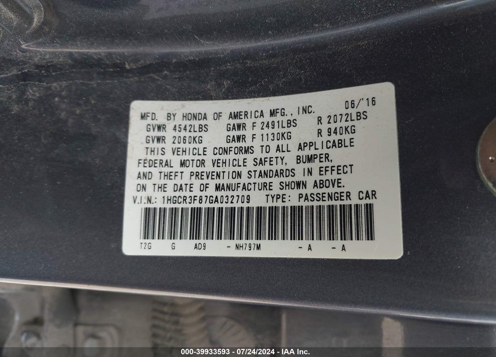 2016 HONDA ACCORD EX-L V-6 VIN: 1HGCR3F87GA032709