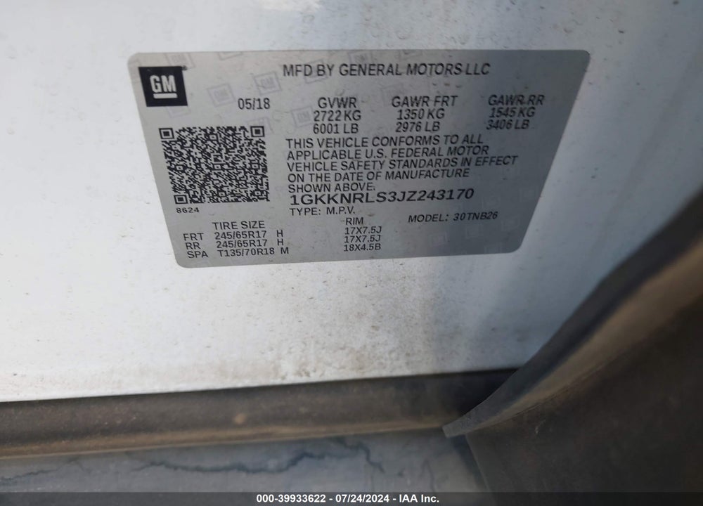 2018 GMC ACADIA SLE-1 VIN: 1GKKNRLS3JZ243170