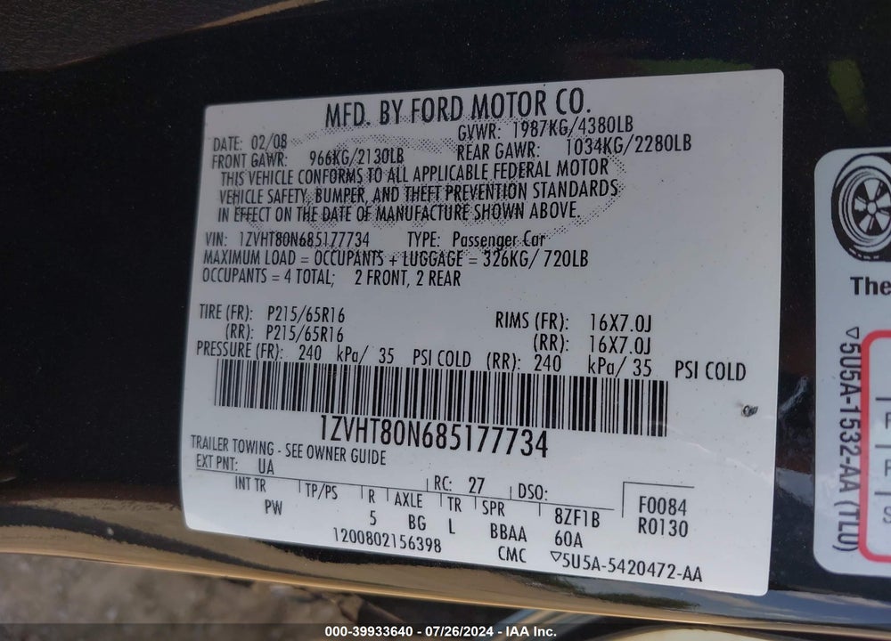 2008 FORD MUSTANG V6 DELUXE/V6 PREMIUM VIN: 1ZVHT80N685177734