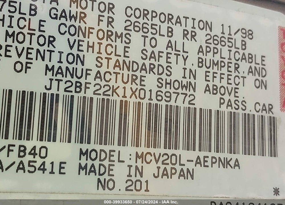 1999 TOYOTA CAMRY LE V6 VIN: JT2BF22K1X0169772
