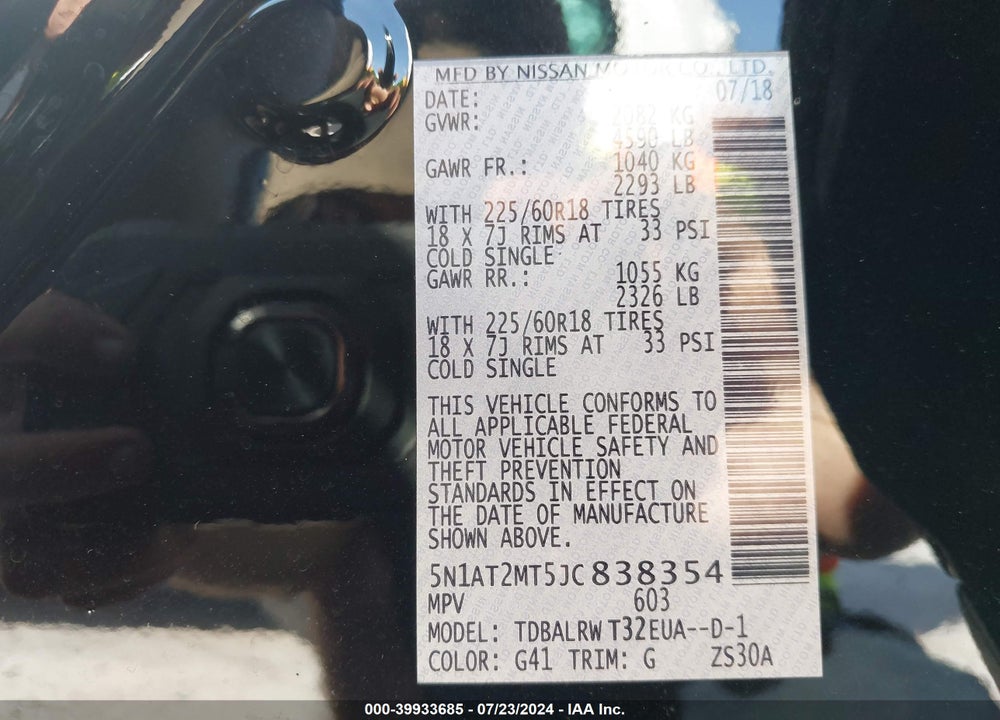 2018 NISSAN ROGUE SL VIN: 5N1AT2MT5JC838354