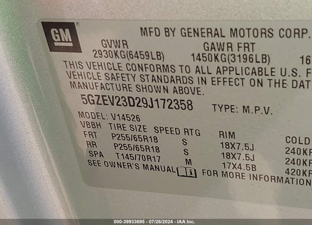 2009 SATURN OUTLOOK XR VIN: 5GZEV23D29J172358
