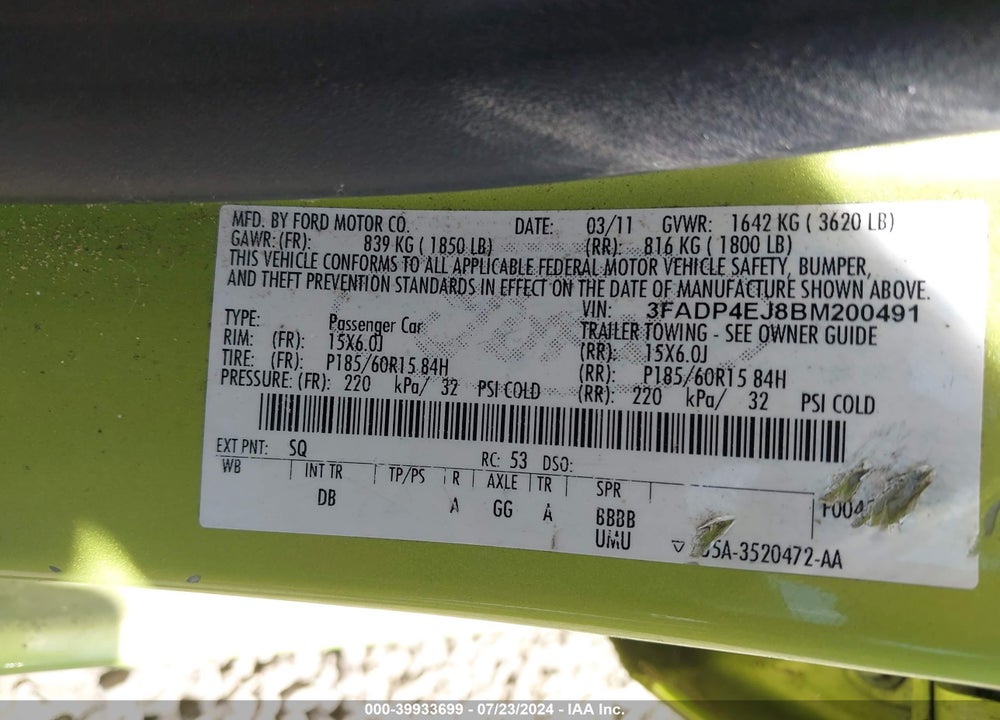 2011 FORD FIESTA SE VIN: 3FADP4EJ8BM200491