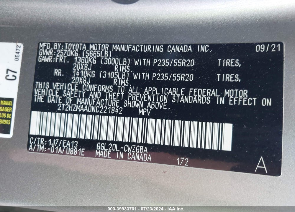 2022 LEXUS RX 350 VIN: 2T2HZMAA0NC221842